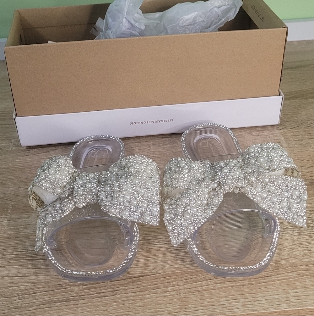 Jessica Simpson Jeweled Slides Rhinestone Pearl Bow Jelly Party Wedding NWT 5